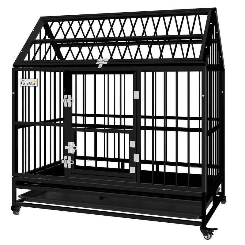 PawHut 49" Heavy Duty Dog Crate, Strong Steel Large Dog Crate with 4 Lockable Wheels, Double Doors, and Removable Tray, for XL and L Dogs, Black, 4 of 7
