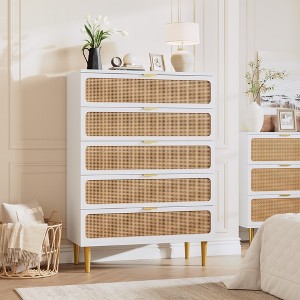 Whizmax Rattan 5-Drawer Dresser, Tall Chest with Deep Drawers & Wide Top, Large Wooden Storage for Bedroom/Living Room/Hallway/Kids Room - 1 of 4