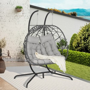 Outdoor Hanging 2-Person Egg Swing Chair,Wicker Basket Hammock Chair With UV Resistant Cushions And Stand For Balcony Bedroom-Coolbibila - 1 of 4