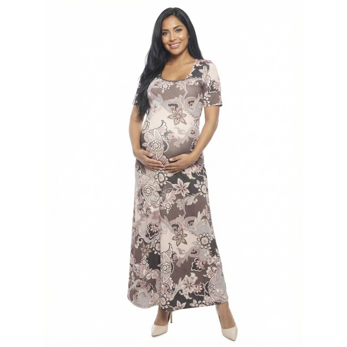 24seven Comfort Apparel Maternity Paisley Scoop Neck Elbow Sleeve A Line Maxi Dress