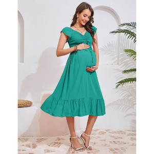 Women's Maternity Smocked Short Sleeve Summer Casual Boho Sweetheart Neck Drawstring Maxi Dress Photoshoot Baby Shower - 1 of 4