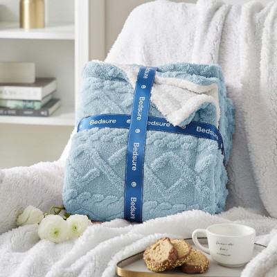 Bedsure Fleece Throw Blanket, Jacquard Cable Pattern, Double-Sided Plush & Fluffy, Reversible Cozy Warm for Couch, Blue,