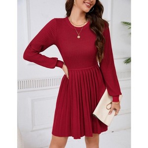 Coolmee Womens Long Sleeve Mini Dress Fall Ribbed Knit Crew Neck Pleated Swing Casual Sweater Dresses - 1 of 4