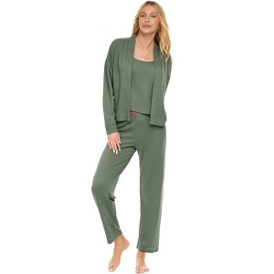 ADR Women's Pajamas Set, Soft Ribbed Knit Waffle 3 Piece Lounge Set - Cardigan Sweater, Cami Top Shirt, Pajamas Pants - 1 of 4