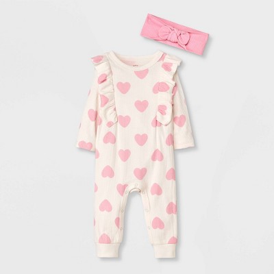 Baby Girls' Heart Ribbed Romper - Cat & Jack™ Cream Newborn