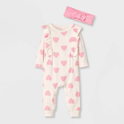 Image of Baby Girls' Heart Ribbed Romper - Cat & Jack™ Cream 6-9M