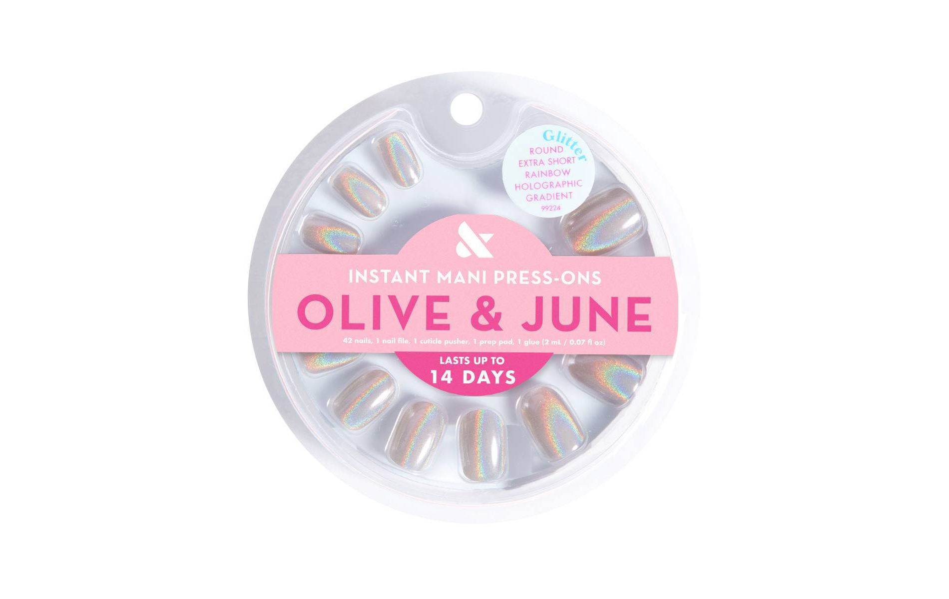 Olive & June Press-On Fake Nails - XS Round - Holographic Sea Glass - 42ct