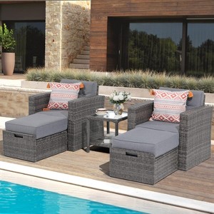 SUGOLD Super Patio 5 Piece Wicker Outdoor Sofa Set, Patio Conversation Set with Ottoman Set, Outdoor Couch Set with Tempered Glass Side Table for - 1 of 1