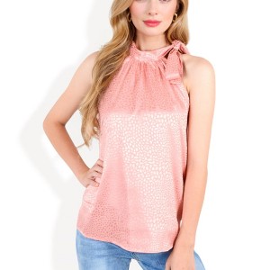 Anna-Kaci Women's Sleeveless Satin Blouse with Bow Tie Neck and Animal Print - 1 of 4