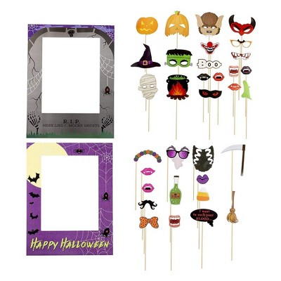 Blue Panda 35 Pieces Halloween Party Photo Booth Props Kit with Funny Selfie Props Signs, 2 Picture Frames
