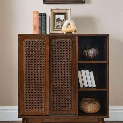 NicBex Modern Rattan 2-Doors Sideboard,Kitchen Storage Cabinets with Adjustable Shelf and Solid Wood Feet for Kitchen and Dining Room,Brown/Walnut