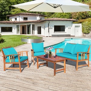 Costway 4PCS Wooden Patio Furniture Set Table Sofa Chair Cushioned Garden Turquoise - 1 of 4