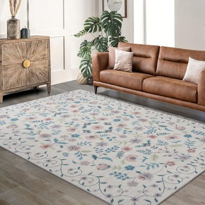 Boho Vintage Floral Area Rug, Machine Washable Soft Low Pile Rug, Non Slip Stain Resistant Carpet for Bedroom Living Room Hallways