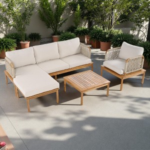 4-Piece Outdoor Patio L-Shaped Acacia Wood Rope Weave Sectional Sofa Set with Coffee Table,Armchair, and Ottoman - 1 of 4