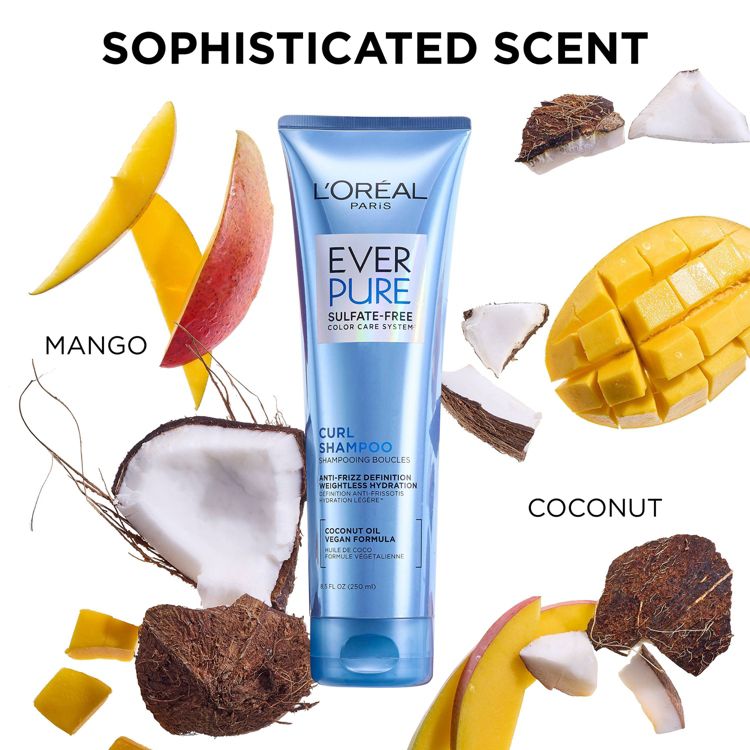 A blue colored tube of L'Oreal Paris Ever Pure Curl Shampoo with images of mango and coconut around it.