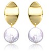 Guili Sterling Silver 14K Yellow Gold Plated Earrings with White Coin Freshwater Pearl, Featuring Dangle Drop Marquise Medallion Design - 2 of 2