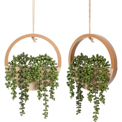 Attop 2pcs Artificial Succulents Hanging Plants 12.2'' Fake String of Pearls in Pot with 8.3'' Lanyard Wall Decor Wood Color