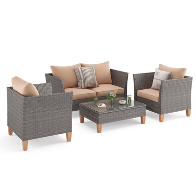 Maggift Patio Seating Sets, with 2 Single Sofas, Loveseat and Coffee Table for Garden, Backyard, Balcony, Beige, 32.1"*27.6"*27.6"