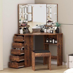 Corner Vanity Desk Set with 3-Folding Lighted Mirrors, Makeup Vanity Table with Charging Station - 1 of 4