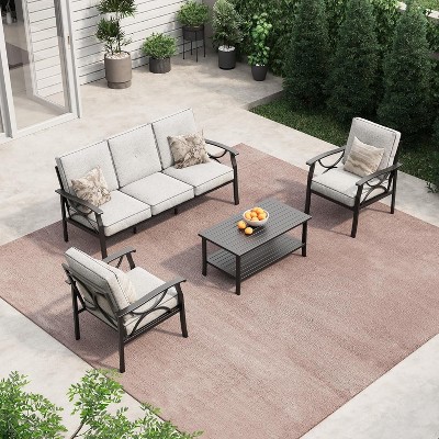 Heynemo Outdoor Patio Furniture Set, 4 Piece Patio Conversation Set with Coffee Table, Metal Furniture Set for Porch Backyard Garden, Grey