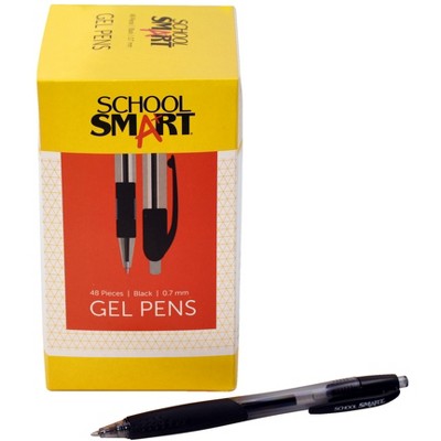 School Smart Retractable Gel Pens with Grip, Black Ink, Clear Barrel, pk of 48