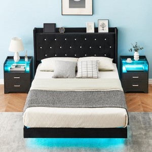 Queen Size Bed Frame with Headboard and LED Lights, Floating Bed Frame, Upholstered Mattress Foundation, No Box Spring Needed - 1 of 4