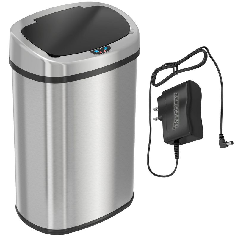 iTouchless Sensor Kitchen Trash Can with AC Adapter and AbsorbX Odor Filter 13 Gallon Oval Silver Stainless Steel, 1 of 7