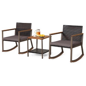 Tangkula 3PCS Rattan Rocking Chair Bistro Set Armrest Cushion Table W/ Storage Shelf Patio - 1 of 4