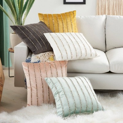 20" Gold Velvet Beaded Striped Square Throw Pillow
