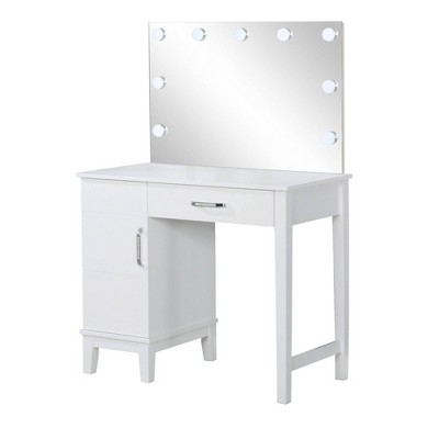 Vanity Set with 9 LED Bulbs and Tapered Block Legs White - Benzara