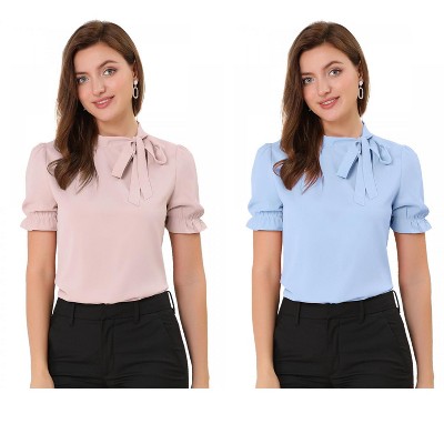 Allegra K Women's Elegant Bow Tie Neck Elastic Cuffs Office Short Sleeve Blouse 2 Pcs