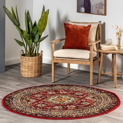 Medieval Red Round Synthetic Indoor/Outdoor Area Rug