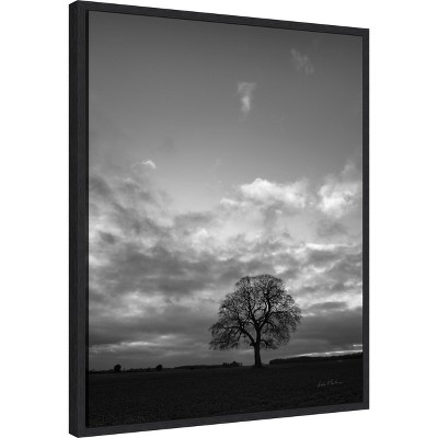 Horizon Tree Black and White Canvas Print with Black Floater Frame