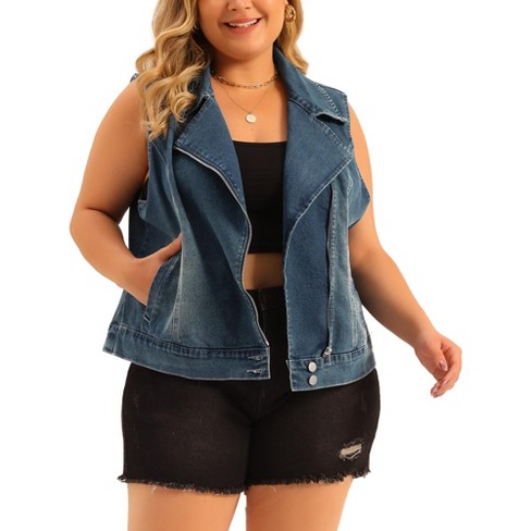 Agnes Orinda Women s Plus Size Zip Up Washed Denim Motorcycle Sleeveless Jean Vest Target