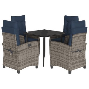 vidaXL 5-Piece Patio Dining Set – Gray Poly Rattan w/Navy Cushions, Adjustable Backrest, Tempered Glass Table - 1 of 4