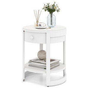 Tangkula 2-Tier Nightstand w/ Shelf & Wood Grains Drawer Round White/Brown - 1 of 4