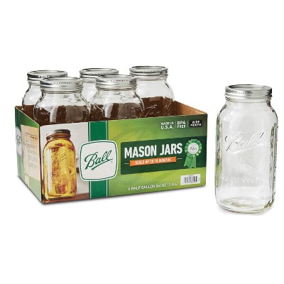 Ball 64oz 6pk Glass Wide Mouth Mason Jar with Lid and Band: Clear Canning Jars, Dishwasher-Safe, 4" Neck Diameter
