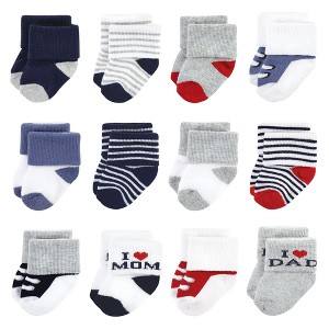 Hudson Baby Infant Boys Cotton Rich Newborn and Terry Socks, Mom Dad Boys Navy Red - 1 of 4