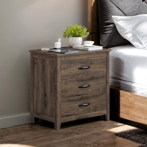 Farmhouse Nightstand with Charging Station - 3-Drawer Bedside Table with USB Ports - 1 of 4