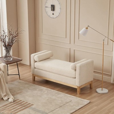53.5" Upholstered Bench End of Bed, Bedroom Bench for Foot with Wood Legs and Two Bolster Pillows, Ottoman Benches for Entryway/Living Room/Closet