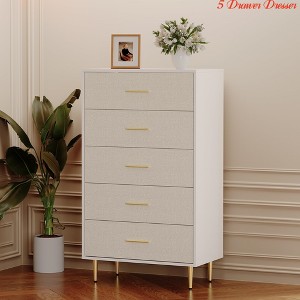 Entryway 5 Drawer Dresser, Tall Narrow Chest of Drawers, Wooden Skinny Dresser w/ Gold Metal Handles and Legs, Modern Storage Drawer Cabinet - 1 of 4