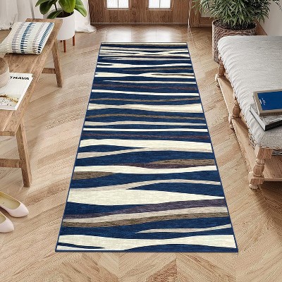 Washable Runner Rug 2x6 Low Pile Modern Abstract Hallway Runners Stain-Resistant Non-Slip Contemporary Ombre Bedroom Rug Runner Foldable Blue/Beige