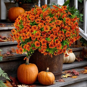 Attop Artificial Fall Flowers Outdoor Fake Mums - 16 Bundles Fake Plants UV Resistant No Fade Faux Plastic Red Orange - 1 of 4