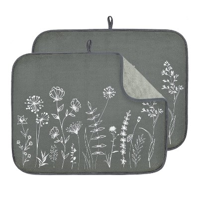 LunaLulinlk 24" x 18" Dish Drying Mat Set of 2 Microfiber Dish Drainer/Rack Pads with Hanging Loop Gray and White Plants