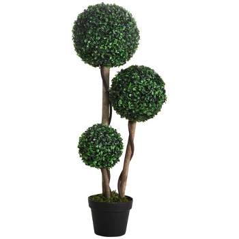 HOMCOM 35.5" Artificial Plant for Home Decor Indoor & Outdoor Fake Plant Artificial Tree in Pot, Ball Boxwood Topiary Tree, Dark Green