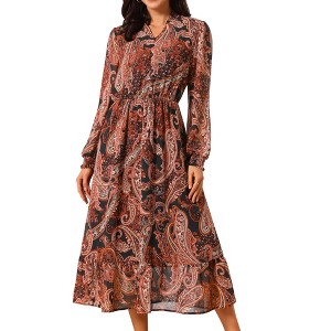 INSPIRE CHIC Women's V Neck Boho Floral Long Sleeve High Waist Smocked Cuff A-Line Flowy Midi Dress - 1 of 4