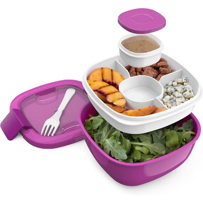 54 oz Bowl with 4-Compartment Toppings Tray, Leak-Proof Dressing Container, Reusable Fork, BPA-Free Lunch Box for Meal Prep