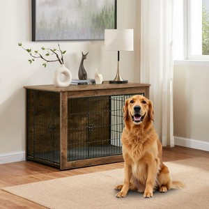 Aukfa 44 in Multi-Functional Dog Kennel Furniture - Heavy Duty Wooden Crate & End Table with Dual Doors, Adjustable Feet, Rustic Brow - 1 of 4