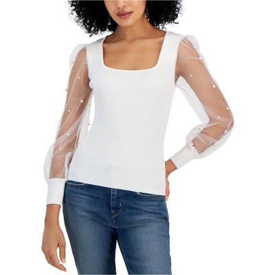 Crave Fame Womens Pearl Mesh Arm Ribbed Pullover Sweater