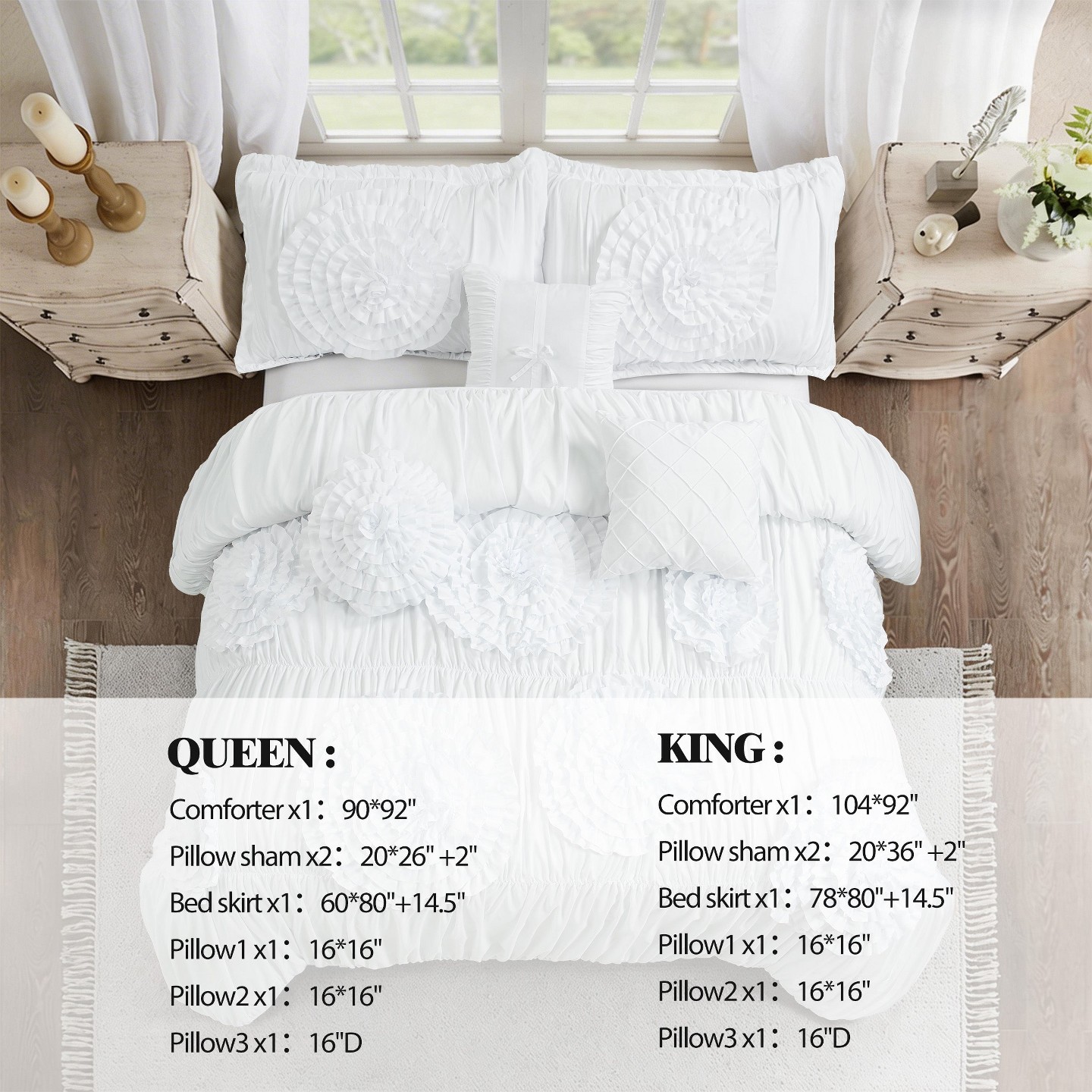 Постельное бельё HIG French Country Handmade Ruffle Floral Bed in a Bag, 7-Piece Camel Queen Size Comforter Set with Ruffled Shams, Bedskirt & Accent Pillows, цвет: С принтом — фото 5